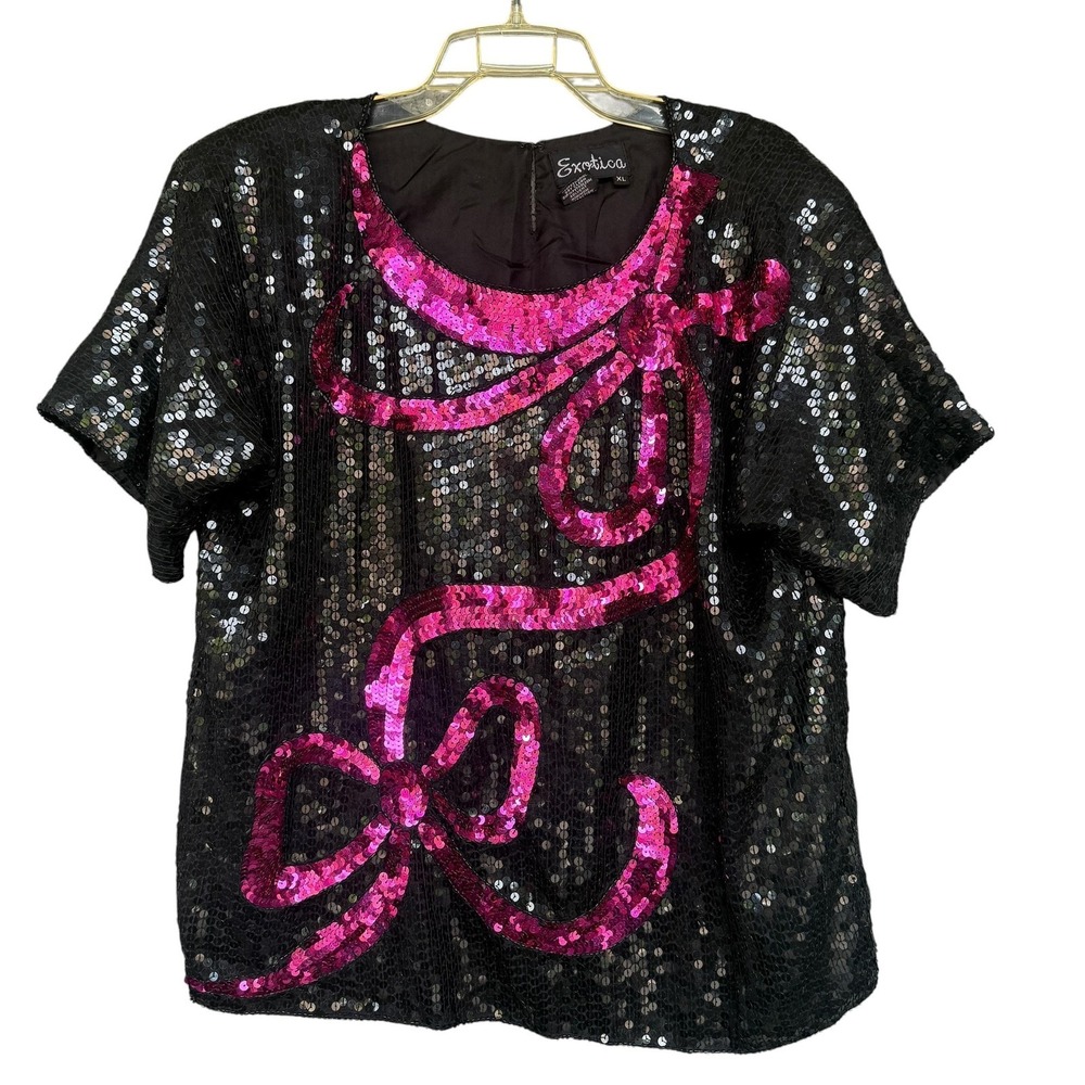 Vintage Exotica Blouse Womens XL Black Pink Sequin Bow Short Sleeve Top 90s